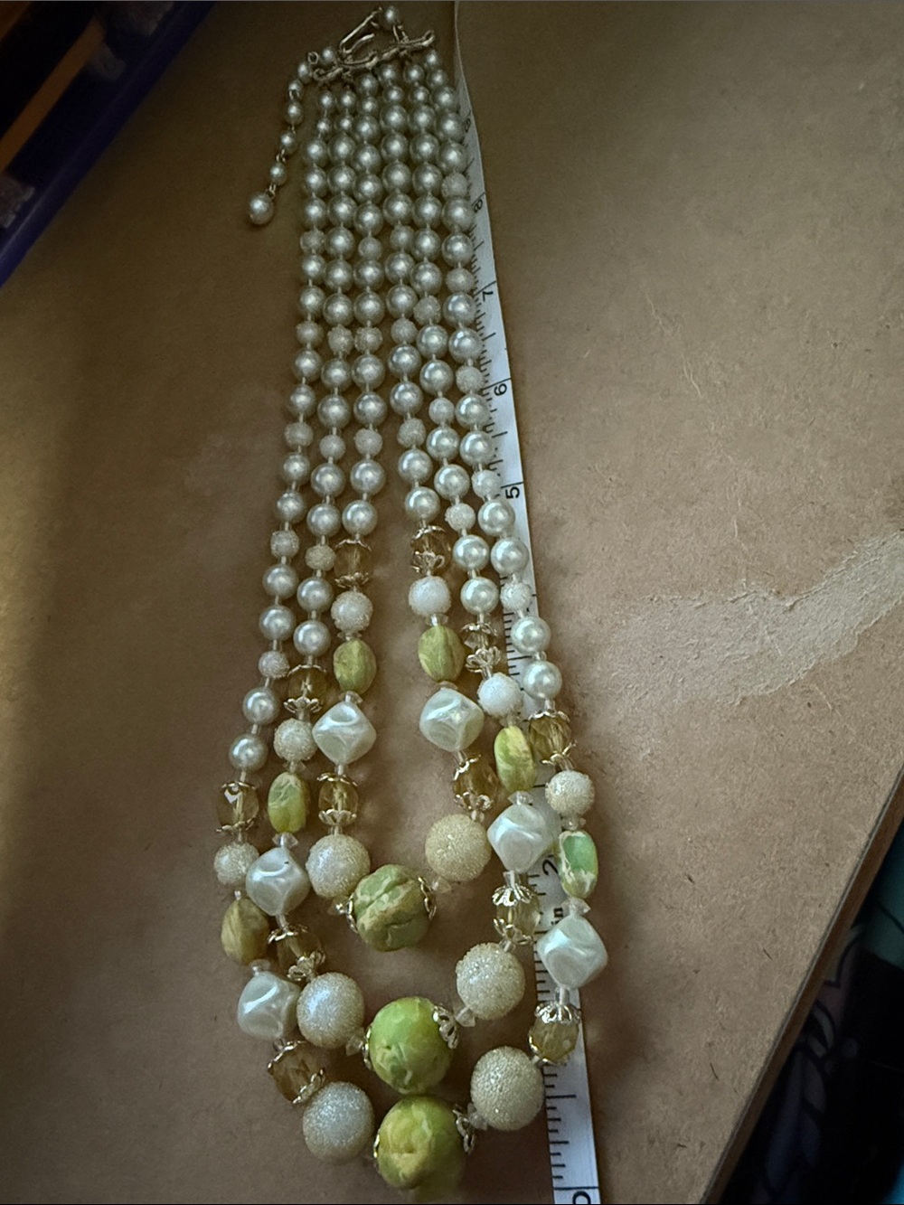 Vintage Multi-Strand Ivory, Gold, Faux Pearl and Light Green Beaded Necklace
